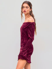 Velvet Boat Neckline Floral Lettuce Trim Mini Dress
