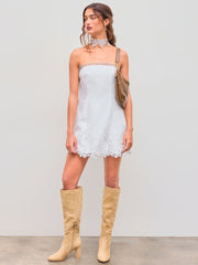 100% Cotton Halter Neckline Solid Embroidery Trim Mini Dress With Solid Shorts