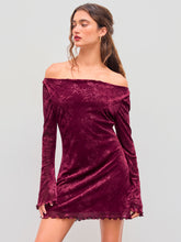 Velvet Boat Neckline Floral Lettuce Trim Mini Dress