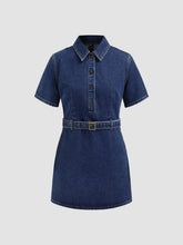 Denim Collar Solid Button Zipper Mini Dress With Belt