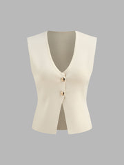 Knitted V-neck Solid Button Vest