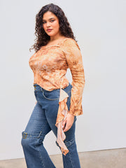 Cotton-blend Asymmetrical Neck Floral Leopard Lettuce Trim Ruffle Hem Top Curve & Plus