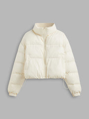 Stand Collar Solid Zipper Drawstring Pocket Puffer
