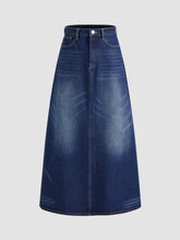 Denim Mid Waist Solid Pocket Maxi Skirt