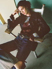 Faux Leather Collar Solid Pocket Belted Jacket