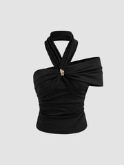 Halter Neckline Twist Ruched Short Sleeve Crop Top