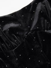 Velvet Scoop Neckline Rhinestone Puff Sleeve Midi Dress