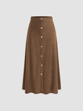 Corduroy Mid Rise Solid Button Ruffle Midi Skirt