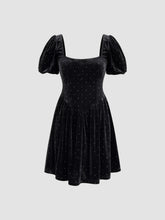Velvet Scoop Neckline Rhinestone Puff Sleeve Midi Dress