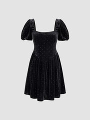 Velvet Scoop Neckline Rhinestone Puff Sleeve Midi Dress
