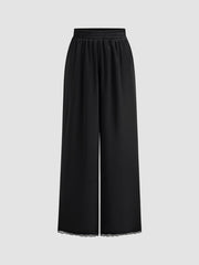 Satin Mid Rise Lace Elastic Waist Wide Leg Trousers