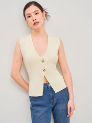 Knitted V-neck Solid Button Vest