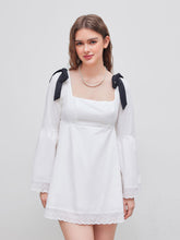 100% Cotton Square Neck Solid Broderie Anglaise Hem Knotted Mini Dress