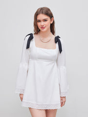 100% Cotton Square Neck Solid Broderie Anglaise Hem Knotted Mini Dress