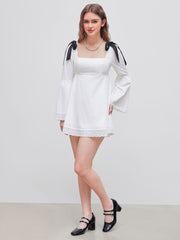 100% Cotton Square Neck Solid Broderie Anglaise Hem Knotted Mini Dress
