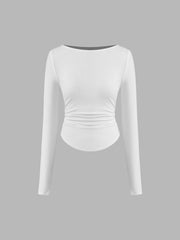 Boat Neck Solid Ruched Long Sleeve Tee & Boat Neck Solid Ruched Long Sleeve Tee