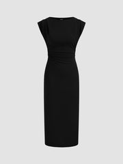 Boat Neck Solid Ruched Maxi Dress