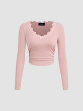 V-neck Solid Bowknot Lace Ruched Long Sleeve Crop Top