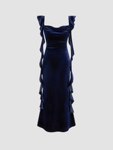 Velvet Cowl Neck Solid Ruffle Hem Maxi Dress