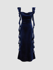 Velvet Cowl Neck Solid Ruffle Hem Maxi Dress