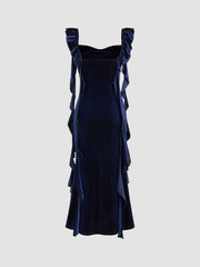 Velvet Cowl Neck Solid Ruffle Hem Maxi Dress