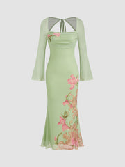 Mesh Square Neckline Floral Knotted Backless Midi Dress