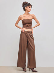 Low Rise Solid Lace Trim Pocket Wide Leg Trousers