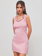 Knit Scoop Neckline Solid Rhinestone Mini Dress