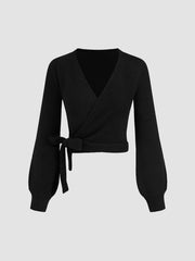 Knitted V-neck Solid Knotted Wrap Cardigan
