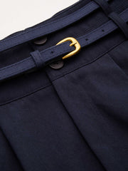 100% Cotton Mid Rise Solid Pleated Pocket Belted Tapered Trousers
