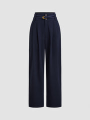 100% Cotton Mid Rise Solid Pleated Pocket Belted Tapered Trousers