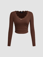 V-neck Solid Bowknot Lace Ruched Long Sleeve Crop Top