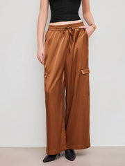 Satin Mid Rise Knotted Pocket Straight Leg Trousers