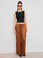 Satin Mid Rise Knotted Pocket Straight Leg Trousers