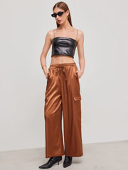 Satin Mid Rise Knotted Pocket Straight Leg Trousers