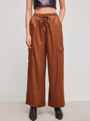 Satin Mid Rise Knotted Pocket Straight Leg Trousers