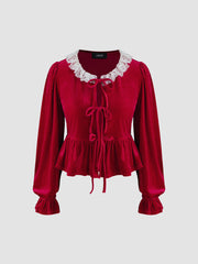 Velvet Round Neckline Lace Tie Front Ruffle Long Sleeve Blouse