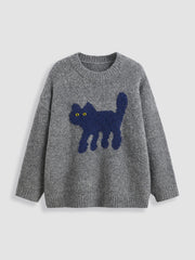 Wool-blend Round Neckline Kitten Graphic Knitted Long Sleeve Top Curve & Plus