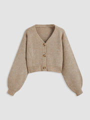 Knit V-neck Solid Button Crop Cardigan