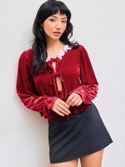 Velvet Round Neckline Lace Tie Front Ruffle Long Sleeve Blouse