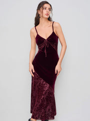Velvet V-neck Floral Cut Out Knotted Midi Dress