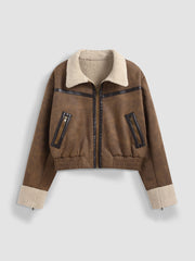 Faux Shearling Collar Pocket Zipper Jacket