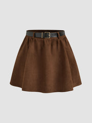 Suede Mid Rise Solid Ruffle Mini Skirt With Belt