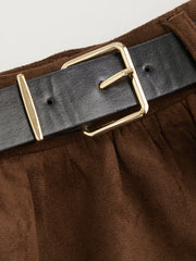 Suede Mid Rise Solid Ruffle Mini Skirt With Belt