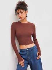 Knit Round Neckline Solid Long Sleeve Crop Top