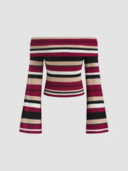 Knit Off-shoulder Striped Long Sleeve Crop Top