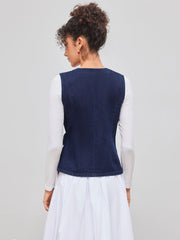 Denim V-neck Solid Wrap Button Tank Top