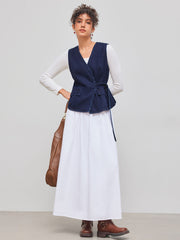 Denim V-neck Solid Wrap Button Tank Top