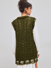 Wool-blend Cable Knit Round Neckline Ripped Long Vest