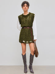 Wool-blend Cable Knit Round Neckline Ripped Long Vest